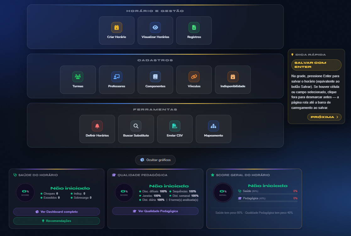 Sistema de grade escolar online — painel do Meu Horário Escolar